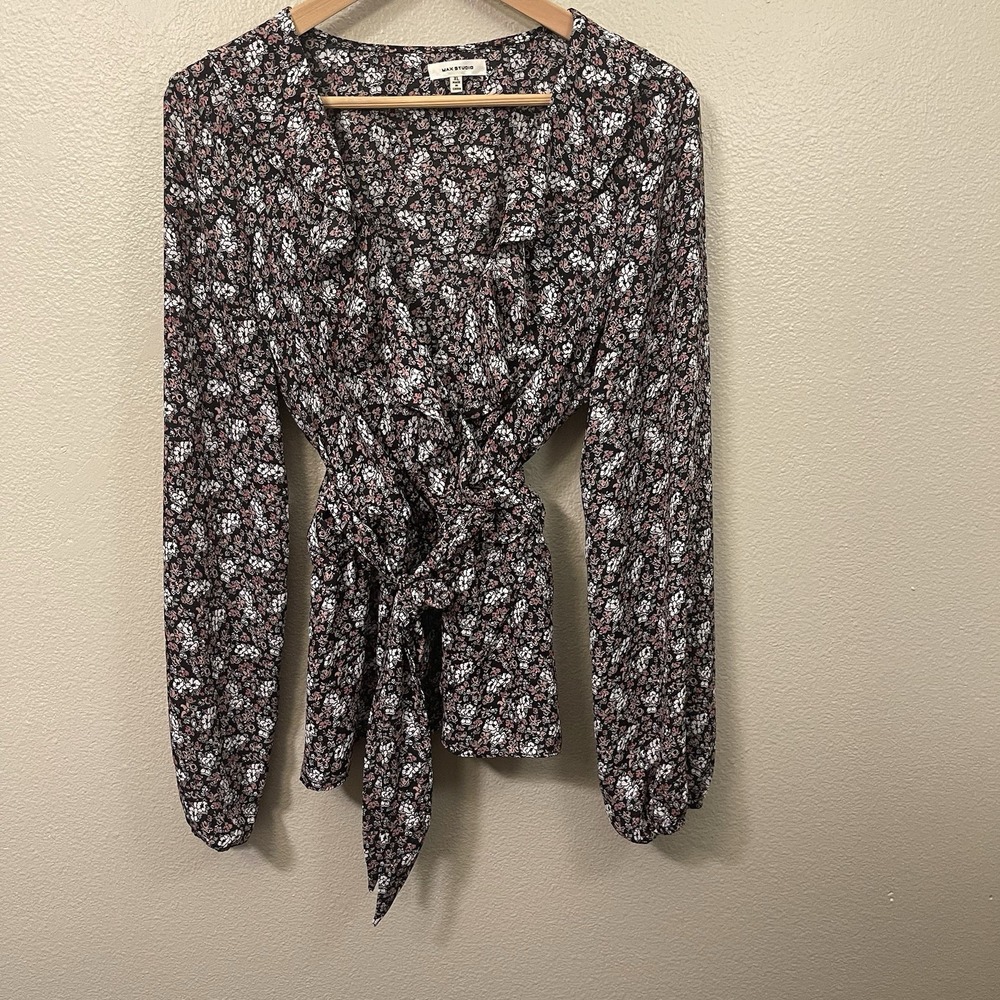 Max Studio Ditzy Floral Faux Wrap Peplum Top Ruffles Office Cottagecore Size XL